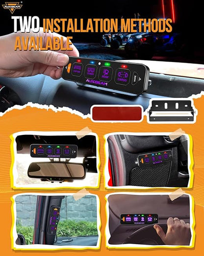 Auxbeam 4 Gang Slim Switch Panel RGB AS-R40 Toggle Momentary Pulsed Dimmable Backlight Multifunction Switch Panel with Memory Function for 12-24V Truck Offroad Car Marine Waterproof 2 Years Warranty