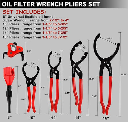 6Pcs Oil Filter Pliers Set, Universal Oil Filter Wrench with Oil Funnel, 10" & 12" & 14" & 16" Premium Oil Filter Removal Tool From 1-1/4" to 8-1/2"