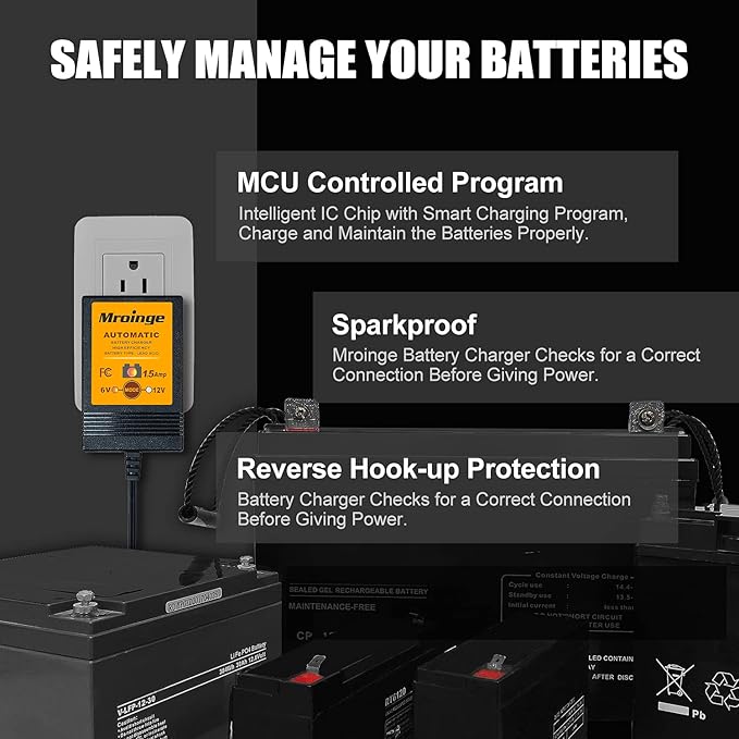 MBC015, 6V / 12V 1.5A Fully Automatic Trickle Battery Charger/Maintainer for Automotive Vehicle Motorcycle Lawn Mower ATV RV Powersport Boat, Sealed Deep-Cycle AGM Gel Cell Lead Acid Batteries