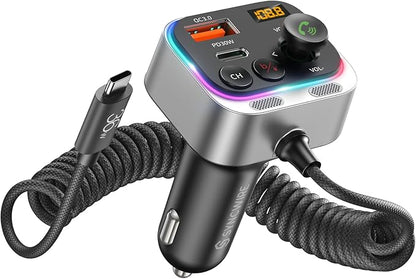 Syncwire Bluetooth 5.4 FM Transmitter Car Adapter 66W PD & QC 3.0 Fast Charging with USB-C Cable Wireless Radio Adapter with Light Control, HiFi Bass, Hands-Free Calling and Strong Mics