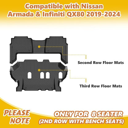 GINOWY-Floor Mats for Nissan Armada &Infiniti QX80 2019-2024 Bench Seating All Weather Car Floor Mats Armada 2024 Waterproof Easy to Clean Armada Floor Liners Accessories Black