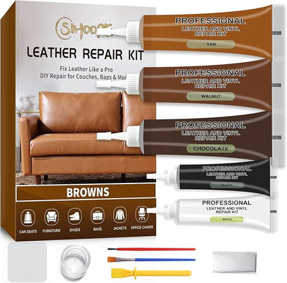 Leather Repair Kit,Car Seats, Sofa,Jacket & Purse - Repairs Burn Holes,Scratches,Tears - Restores Faux,Vinyl,Artificial and Real Leather (Brown)