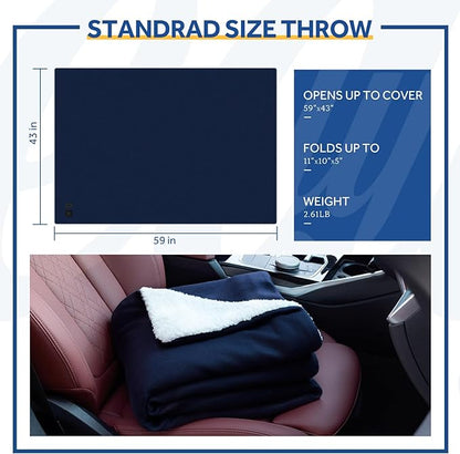 Sealy 12-Volt Heated Car Blanket with 2 USB Output Ports, 3 Heating Levels & 4 Hours Auto Off, Electric Blanket for Car, Truck, SUV, RV or Camping, Machine Washable, 59" X 43", Navy
