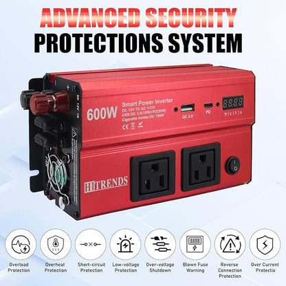 HITRENDS 600W Inverter for Car Power Inverters, 12V DC to 110V AC Converter with 3.0 A USB & PD 30W Type-C Port & 2 AC Outlets, 12 Volt Battery Inverter Car Cigarette Lighter for RV Truck
