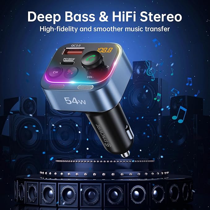 Syncwire Bluetooth 5.4 FM Transmitter Car Adapter 54W (PD 36W & 18W) [Fast Charging] [Stronger Dual Mics] [Light Switch] [HiFi Deep Bass] Wireless Radio Receiver Hands-Free Calling LED Display, Blue