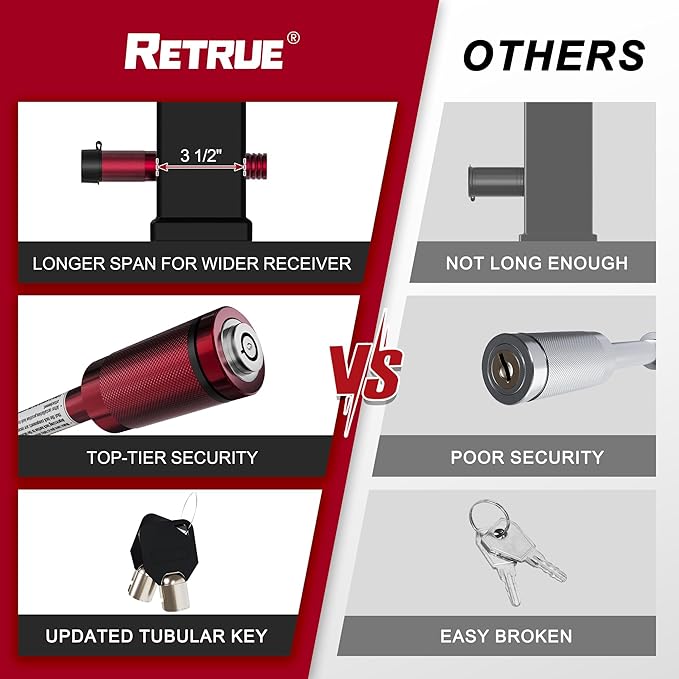 RETRUE Trailer Hitch Locks, 5/8" Locking Hitch Pin for 2 Inch and 2 1/2” Receiver Class III IV Hitch, Tow Hitch Lock with Keys O-Rings, Trailer Accessories for Outdoor,Red