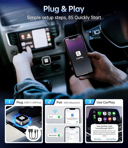 Wireless Carplay Adapter, 2025 Upgrade Mini USB Design for Car Play & Android Auto, Easy Use Fast Stable Connection for iPhone