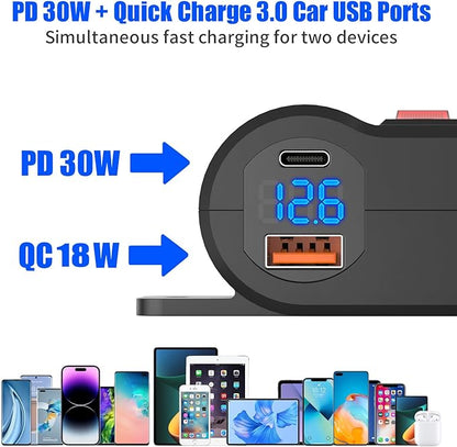 2-in-1 Surface Mount 12V USB Outlet Cigarette Lighter Socket, PD 30W and QC18W Car USB Port Car Charger with Button Switch LED Voltmeter and 120W Socket, Suitable for Cars, Boats, RVs and ATVs