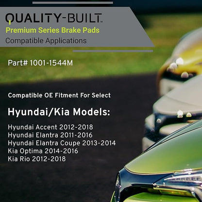 Premium Semi-Metallic Rear Brake Pads (1001-1544M) Compatible with Hyundai Accent 2018-2012, Elantra 2016-2011, Elantra Coupe 2014-2013, Kia Optima 2016-2014, Rio 2018-2012