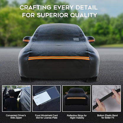 Hatchback Car Cover Waterproof All Weather for Automobiles，Outdoor Heavy Duty Full Exterior Covers with Zipper Door, Rain Sun Snow Dust UV Protection, Windproof Straps & Reflective Strips(Up to 165")