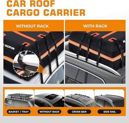 Kingfun Car Rooftop Cargo Carrier – Waterproof 15 Cubic Feet Car Roof Bag Fit All Vehicles with/Without Roof Racks, Includes Anti-Slip Mat, 8 Reinforced Straps & 6 Door Hooks, Luggage Locks