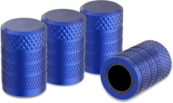 CKAuto Tire Valve Stem Caps, Blue, 4 pcs/Pack, Anodized Aluminum Tire Valve Cap Set, Corrosion Resistant, Universal Stem Covers for Cars Trucks Motorcycles SUVs and Bikes