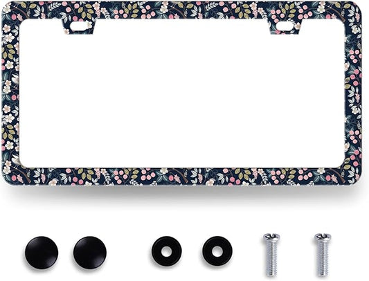 Blue Floral Flowers License Plate Frame Beautiful Flower License Plate Holder for Personalise Women Car Decorative Stainless Steel Colorful License Plate Auto Parts with Screws 12.2" x 6.2"