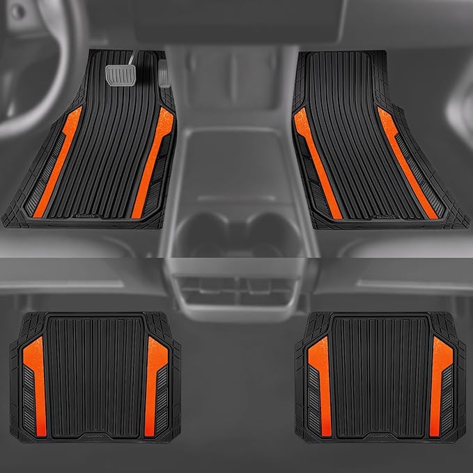 CAR PASS Heavy Duty Rubber Car Mats Metallic, Aluminum Film All Weather Floor Mats Waterproof Universal Trim to Fit SUVs Sedans Vans 4 Piece Anodized Deep Dish Two-Tone Sporty Black Orange Chrome