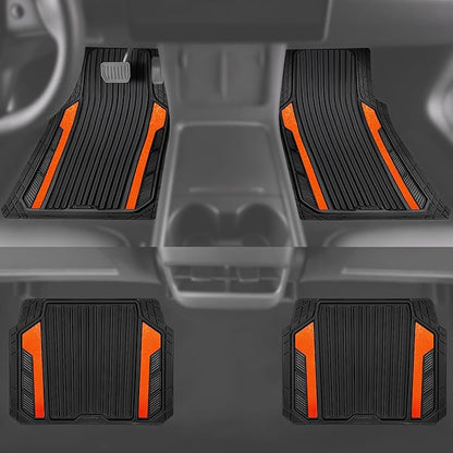 CAR PASS Heavy Duty Rubber Car Mats Metallic, Aluminum Film All Weather Floor Mats Waterproof Universal Trim to Fit SUVs Sedans Vans 4 Piece Anodized Deep Dish Two-Tone Sporty Black Orange Chrome