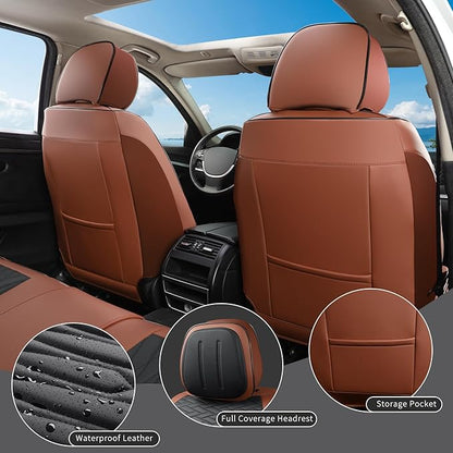 Car Seat Covers Full Set, Leather Seat Covers for Cars, Car Seat Protector Waterproof, Non-Slip Car Interior Covers Fit for Most Cars, SUV, Vans, Trucks,2Seaters,Full Set,Brown-Black,COMFDRIVE-A03