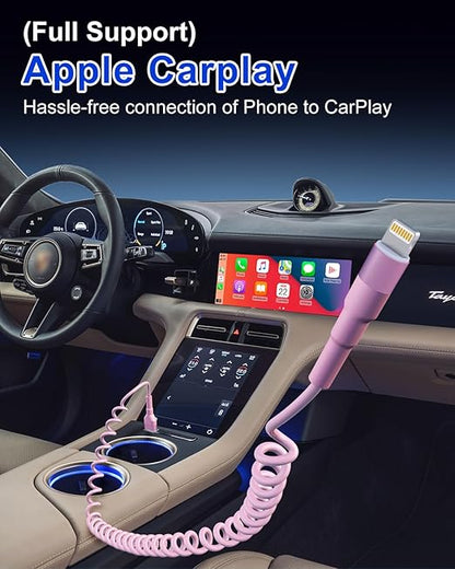 Pink Car Charger Cable - Coiled Lightning Cable for Apple CarPlay with 480Mbps Data Sync LED [MFi Certified], Fast Charging Short USB to Lightning Pink Retractable iPhone Charger Cord for Car