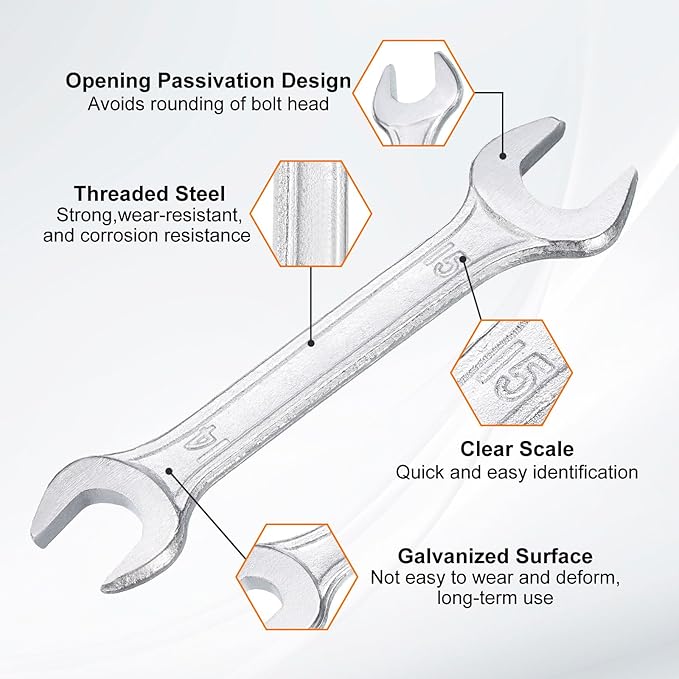HARFINGTON 5pcs Double Open End Wrench 14mm x 15mm Metric 15 Degree Offset Angle Small Flat Head Wrench Galvanizing Open Ended Spanner for Automotive Repair Furniture Assembly