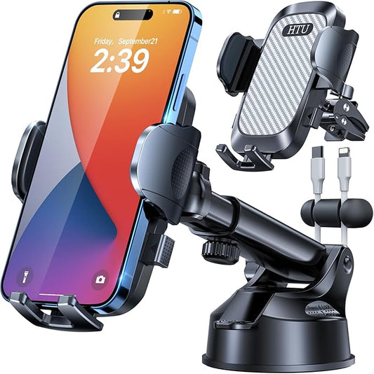 HTU 2025 Best Car Phone Holder 【Ultimate 5-in-1 & Upgraded 100+LBS Strongest Suction】【True Military-Grade & Safety Cert】 360° Windshield Dashboard Vent Mount Stand for iPhone Android & Truck, Grey