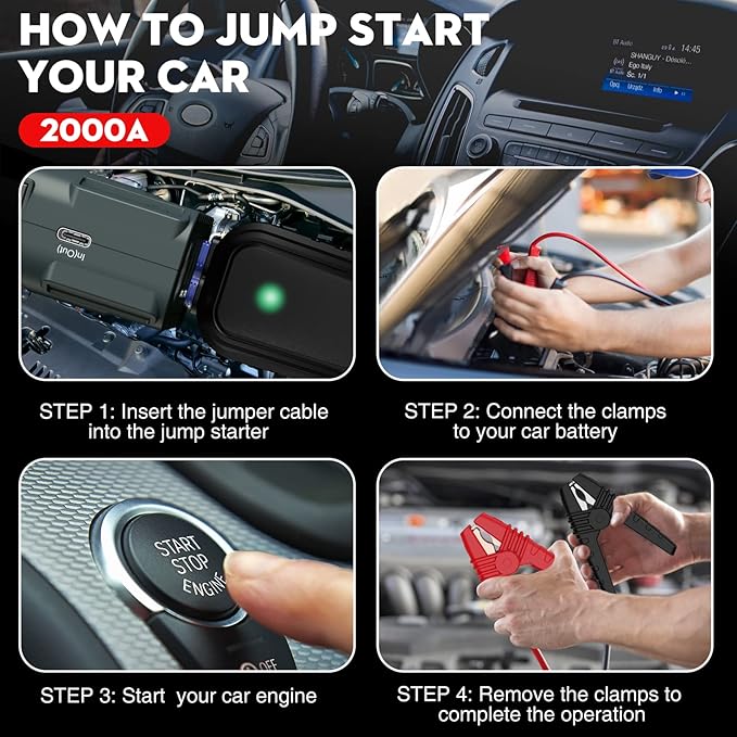 NEXPOW 2000A Peak Car Jump Starter with USB Quick Charge 3.0 (Up to 7.0L Gas or 6.5L Diesel Engine), 12V Portable Jump Box, Battery Booster with Built-in LED Light