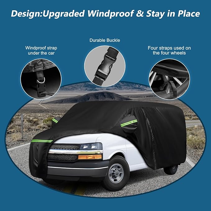 Car Cover for Express Van/GMC Savana Cargo Van 1500/2500/3500 1996-2025 (SWB), 420D Sun Heat Protection Outdoor Full Car Covers with Driver Side Zipper Windproof Heavy Duty Protection