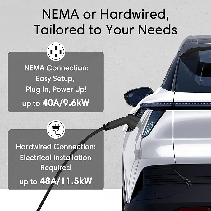 Level 2 EV Charger 48 Amp - Smart EV Charger for Home Level 2 Hardwired, 240V Electric Vehicle Charging Stations 11.5kW, 25ft Cord, Outdoor/Indoor