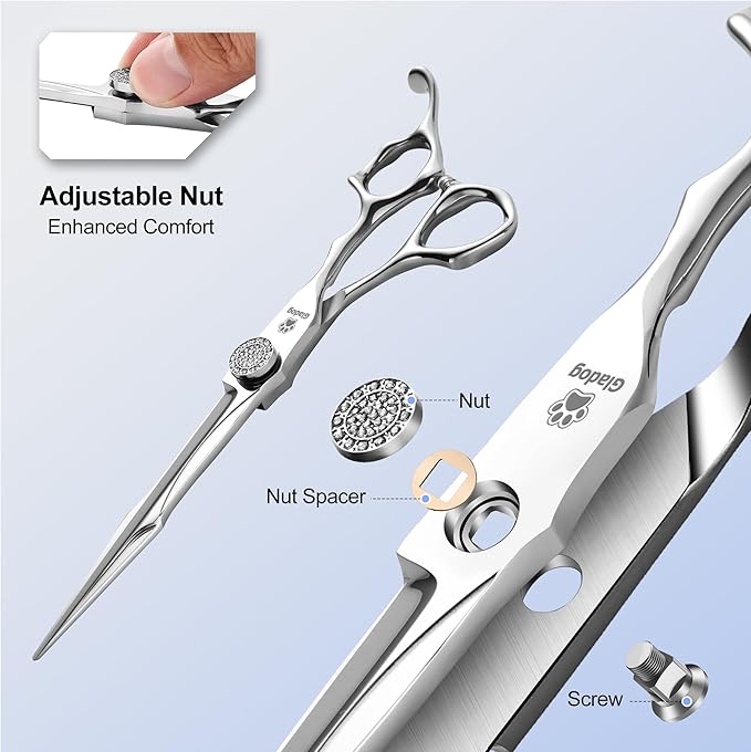 GLADOG 7" Premium 9CR Dog Grooming Scissors with Full Diamond Pivot Nut - Professional Straight Dog Scissors for Grooming, Ideal Dog Shears for Precise Trimming, Pet Grooming Scissors, Grooming Shear