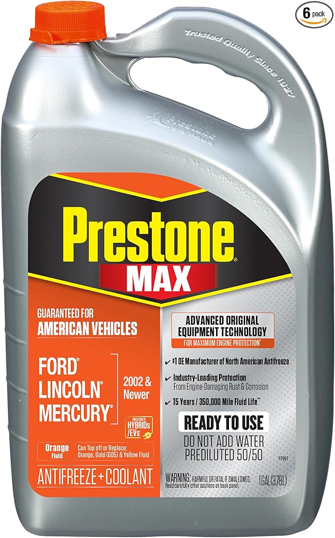 Prestone AF6800 MAX Original Equipment Antifreeze and Coolant: American Orange, 50/50 RTU, 1 Gallon, Pack of 6