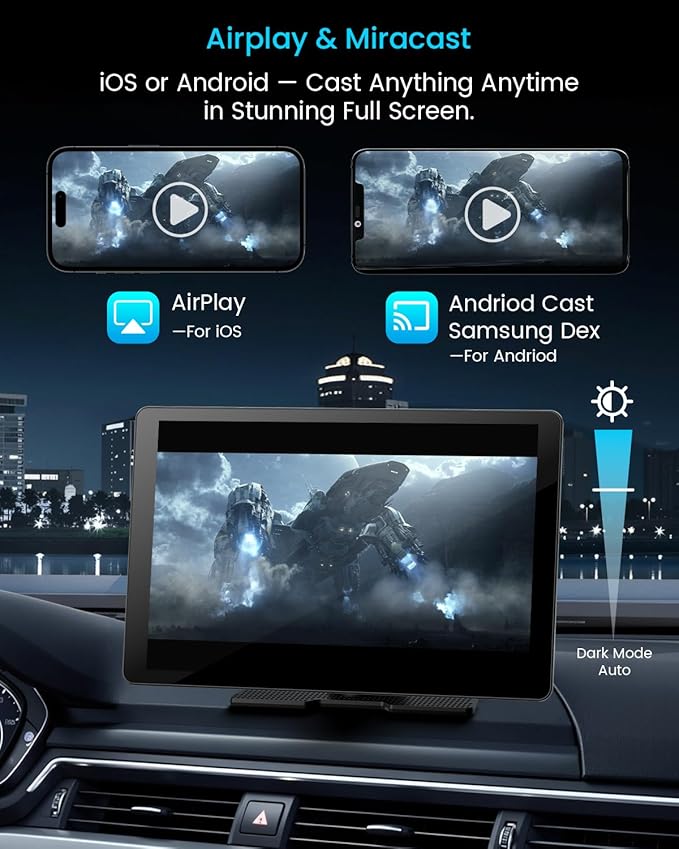11" Extra Large Wireless Apple CarPlay Screen for Car – Ultra-Slim 0.16 Inch Touchscreen Car Stereo with Android Auto, 4K Dash Cam, 1080p Backup Camera, GPS, Mirror Link, Voice Control