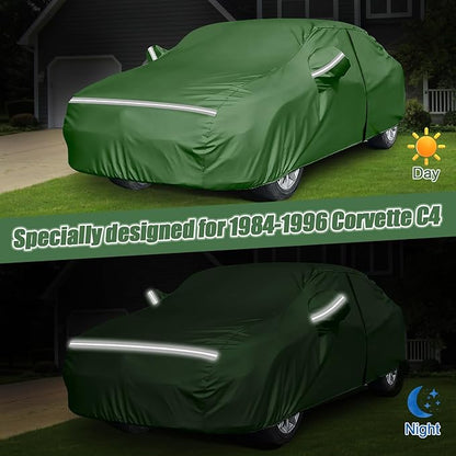 BOSSTONE Car Cover Custom Fit for Corvette C4 1984–1996, Waterproof All Weather for Automobiles Full Exterior Cover Rain Sun Snow Protector with Door Zipper (Green)