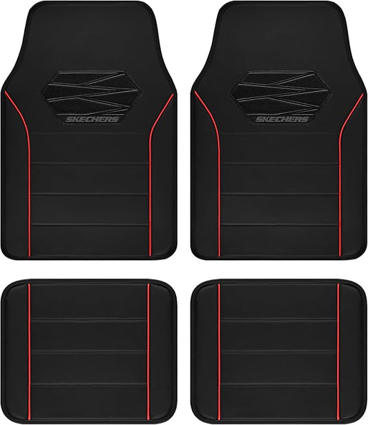 Skechers Memory Foam Car Mats,Leather Piping Floor Mats with Anti-Slip Pad,Universal Waterproof Fit Automotive Floor Mats for SUV,Vans,sedans,Trucks,Full Set 4pcs Red