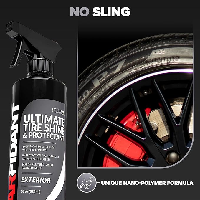 Carfidant Tire Shine Spray - Black Satin Finish - Premium Car Tire Dressing - Long Lasting - No Sling No Grease Formula with UV Protection - 18 fl. Oz with Applicator Pad