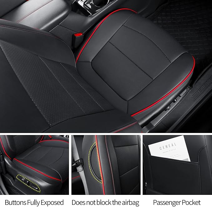 RISINGSTAR Terrain Seat Covers, fit for 2018-2024 GMC Terrain SUV with Rear Split Seats, Water Proof Faux Leather(Full Set, Black&Red)