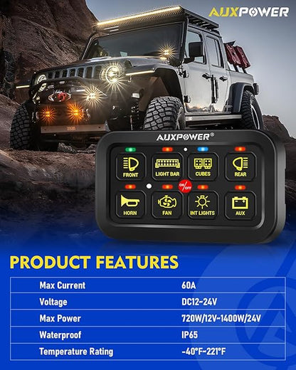 Auxpower RGB 8 Gang Switch Panel with App Control Turn On/Off Momentary Pulsed Multifunction 12V Switch Panel for Truck Circuit Control Relay System Switch Panel Waterproof for Car Boat Truck RV