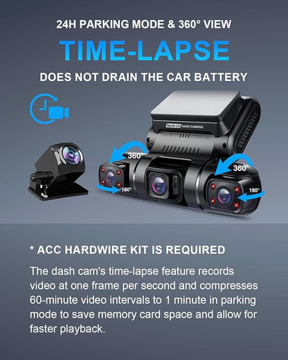 PRUVEEO 360 Degree View 4 Channel Dash Cam Front and Rear Inside Left Right, Dash Camera for Cars, Built-in GPS WiFi Night Vision, 24/7 Recording Parking Mode Monitor, Free 128G Card