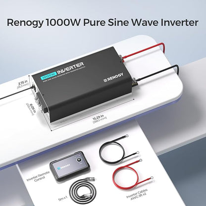 Renogy Inverter PUH 1000W, 12V to 110V Pure Sine Wave Power Inverter, Built-in Transfer Switch and Bluetooth, DC to AC Solar Converter for RV, Truck, Camping, Home, Emergency, Off-Grid Living