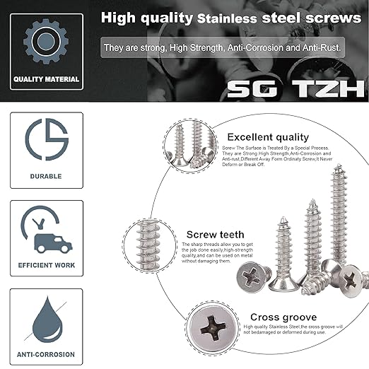 #7 x 1" Wood Screw 100Pcs 18-8 (304) Stainless Steel Screws Flat Head Phillips Fast Self Tapping Drywall Screws by SG TZH