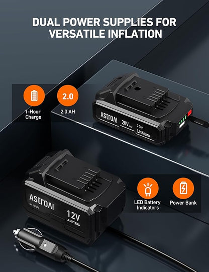 AstroAI C2 Cordless Tire Inflator Air Compressor 20V Rechargeable Battery Powered 160PSI Portable Air Pump with 12V Car Power Adapter Digital Pressure Gauge for Cars Motorcycles JY16P160-18 Red