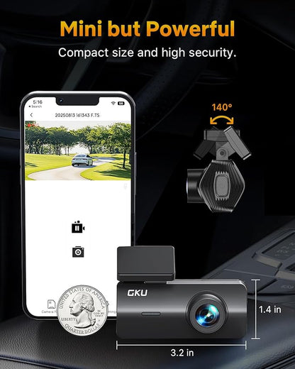 GKU 4K Dash Cam,Dash Cam Front with UHD 2160P, DashCam Built-in WiFi, 24H Parking Monitor,Night Vision,WDR,170° Wide Angle,Loop Recording,G-Sensor,DashCam Includes 64GB Card (Black)