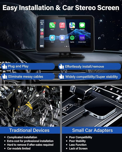 7" HD Apple Carplay Screen for Car，2-in-1 Wireless CarPlay Suitable for Apple CarPlay and Android Auto, Apple CarPlay with GPS Navigation, Voice Control, Mirror Link, Bluetooth for Most Vehicle