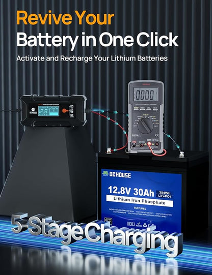 DC HOUSE 5A Battery Charger, 12V Smart Lithium Battery Charger for LiFePO4 & Lead Acid, Trickle Charger Maintainer and Desulfator for Car, Motorcycle, Automotive Batteries