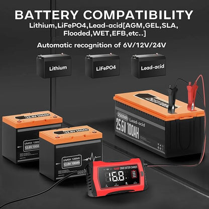16 Amp Battery Charger, Car Battery Charger 6V 12V 24V Lithium,Lifepo4,Lead-Acid(AGM/Gel/SLA..),Battery Maintainer, Trickle Charger, and Battery Desulfator for Car,Boat,Motorcycle…