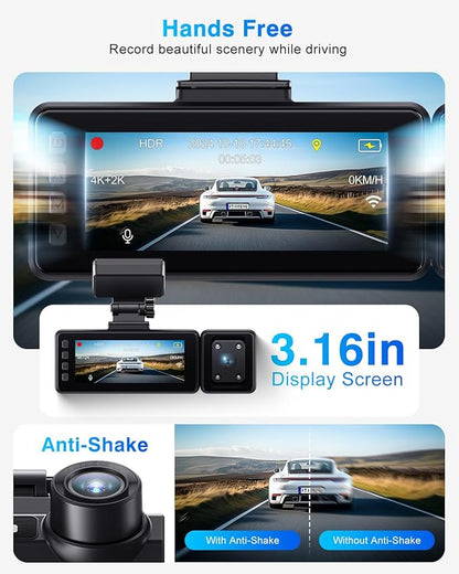3 Channel 4K Dash Cam, IMX335 STARVIS Sensor, 4K+2K Front and Inside, 2K+1080P+1080P Front and Rear Inside Dash Camera for Cars, Free 64GB Card, Built in WiFi GPS, Intelligent Voice Control