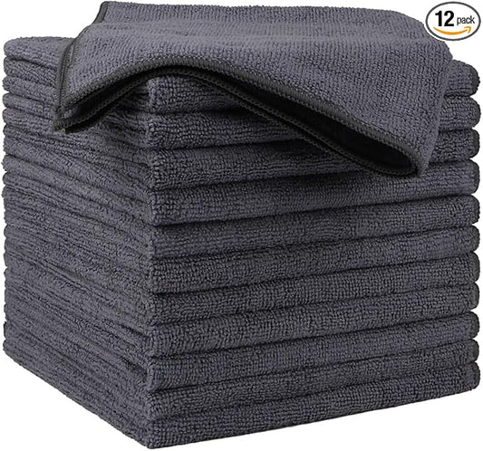 HOMEXCEL Microfiber Cleaning Cloths 12 Pack, Premium 16 x 16 inch Microfiber Towel for Cars, Ultra Absorbent Car Washing Cloth, Lint Free Streak Free Wash Cloths for Car, Kitchen, and Window, Grey
