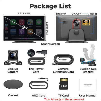 9" Wireless Apple CarPlay Android Auto Screen - 4K Dash Cam, GPS Navigation, HD Touchscreen, AirPlay, 1080P Backup Camera, Car Stereo - by Jataza