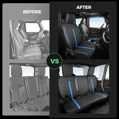 for Jeep Wrangler Seat Covers 4Door JK 2013 2014 2015 2016 2017, Custom Car Seat Cover Full Set, Luxury Leather Seat Protectors, Waterproof SUV Interior Cushions Accessories, Black Blue Trim
