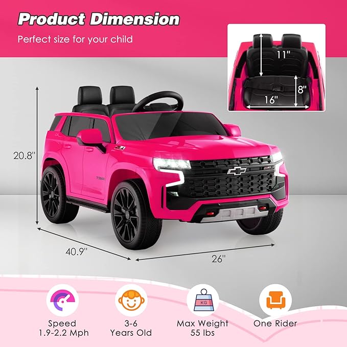 HONEY JOY Ride On Truck, 12V Licensed Chevrolet Tahoe, Chevy Electric Vehicle for Kids, Soft Start, Music, Lights, Battery Powered Ride On Car Toy with Remote Control, Gift for Boys Girls (Pink)