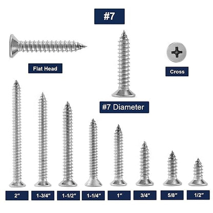 #7 x 1" Wood Screw 100Pcs 18-8 (304) Stainless Steel Screws Flat Head Phillips Fast Self Tapping Drywall Screws by SG TZH