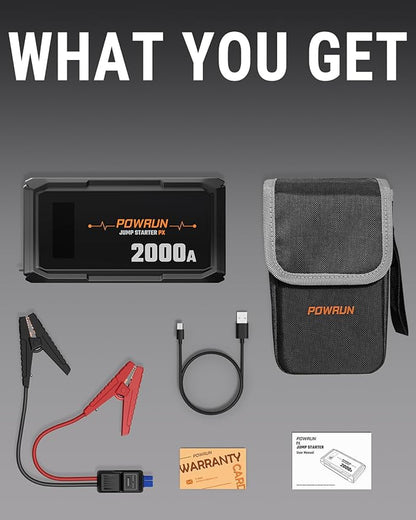Powrun P-X Jump Starter, 2000A Portable Jump Box - Car Jump Starter Battery Pack for up to 6.0L Gas and 5.0L Diesel Engines, 12V Battery Jump Starter with Carry Bag