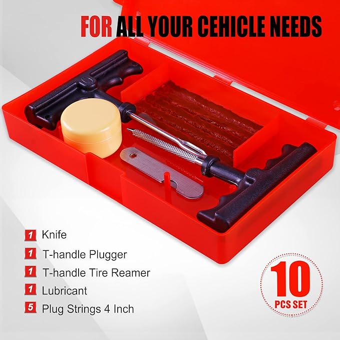 Economical Tire Repair Kit to Fix Punctures and Plug Flats, 10-Piece Value Pack, Ideal for Cars, Trucks, Motorcycles, ATV, with Storage case